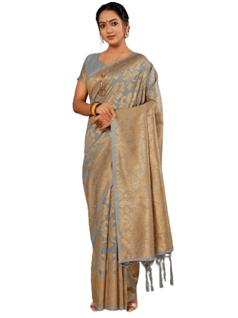 

KALINI Grey & Gold-Toned Woven Design Silk Cotton Saree