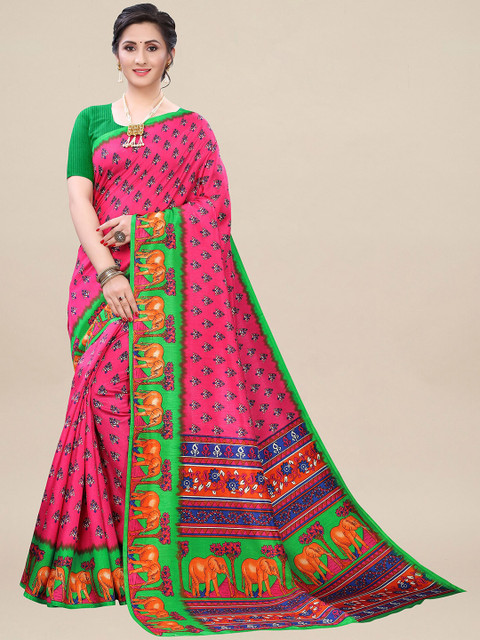 

KALINI Pink & Green Floral Silk Blend Saree