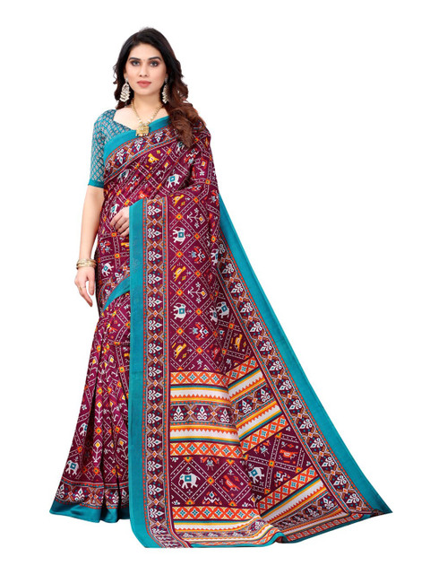 

KALINI Women Magenta Kalamkari Printed Art Silk Saree