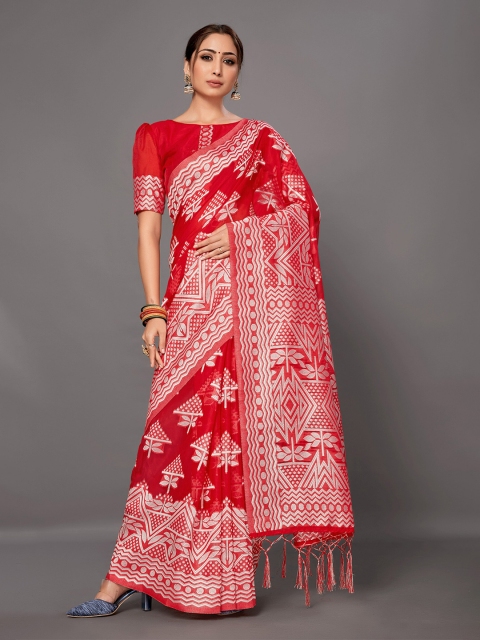 

KALINI Red & Silver-Coloured Ethnic Motifs Silk Cotton Saree