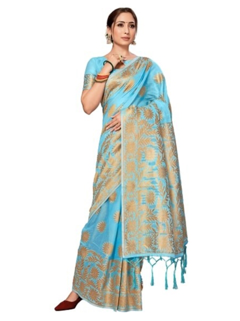 

KALINI Blue & Gold-Toned Woven Design Silk Cotton Saree