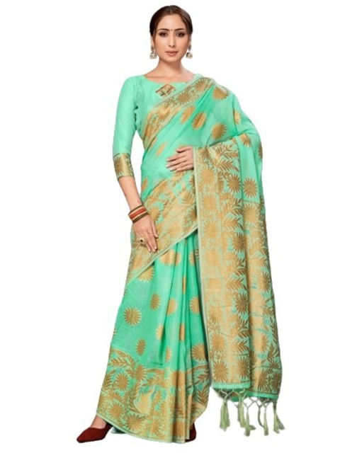 

KALINI Sea Green & Gold-Toned Woven Design Silk Cotton Saree