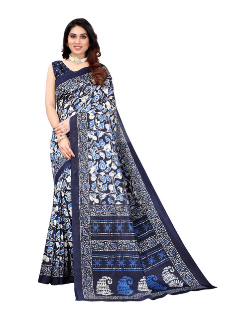 

KALINI Navy Blue & White Batik Printed Art Silk Saree