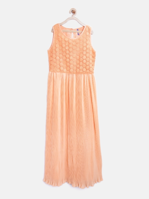 

YK Girls Peach-Coloured Pleated Maxi Dress