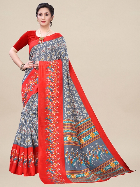 

KALINI Grey & Red Ethnic Motifs Silk Blend Saree