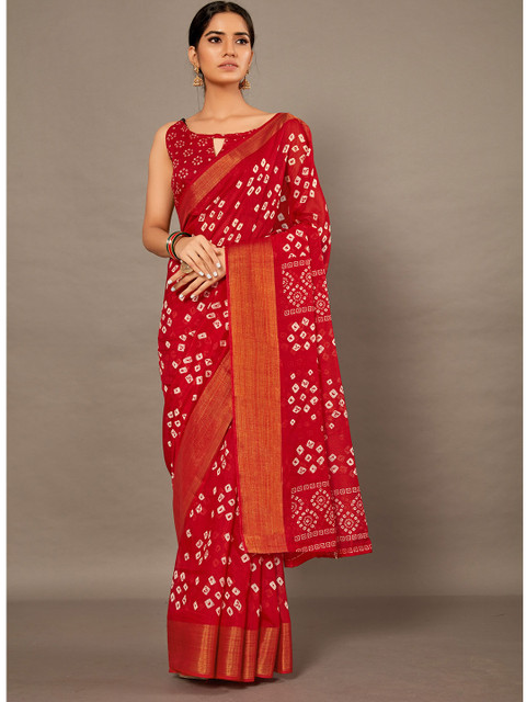 

KALINI Red & White Bandhani Silk Cotton Saree