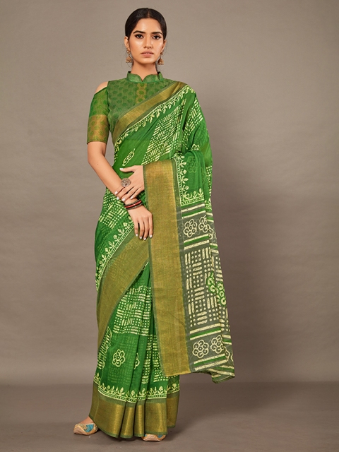 

KALINI Green & Gold-Toned Batik Silk Cotton Saree