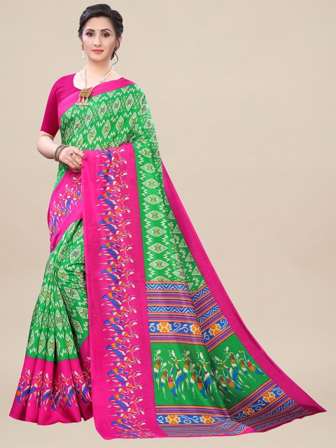 

KALINI Green & Pink Floral Silk Blend Saree