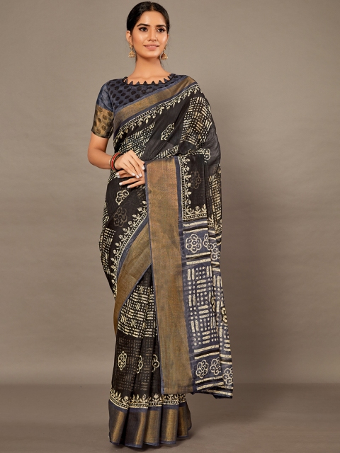 

KALINI Black Floral Printed Silk Cotton Saree