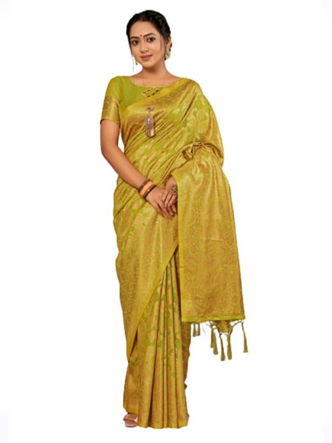 

KALINI Green & Gold-Toned Ethnic Motifs Zari Silk Cotton Saree