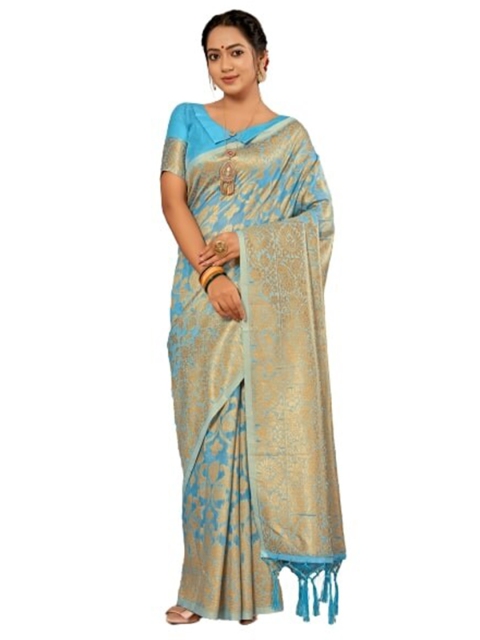 

KALINI Blue & Gold-Toned Woven Design Silk Cotton Saree