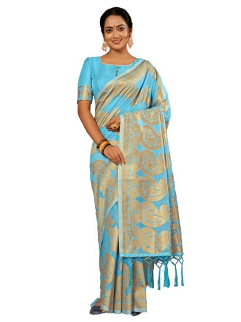 

KALINI Blue & Gold-Toned Woven Design Zari Silk Cotton Saree
