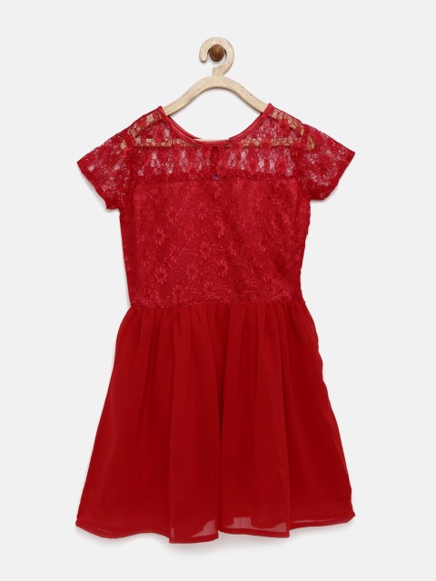 

YK Girls Red Self Design Fit and Flare Dress