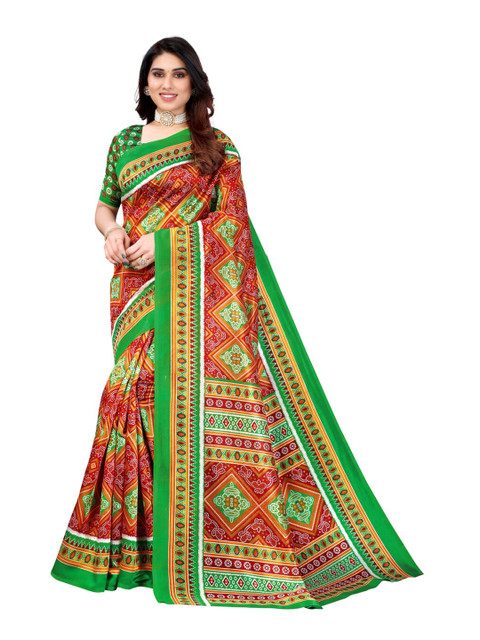 

KALINI Red & Green Bandhani Art Silk Saree