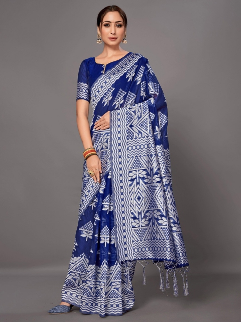 

KALINI Blue & Silver-Toned Geometric Woven Design Silk Cotton Saree