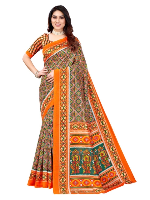 

KALINI Green & Orange Ajrak Art Silk Saree