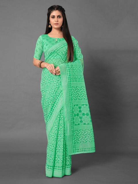 

KALINI Green Ethnic Motifs Brasso Saree