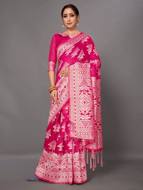 

KALINI Magenta & Silver-Toned Woven Design Silk Cotton Saree