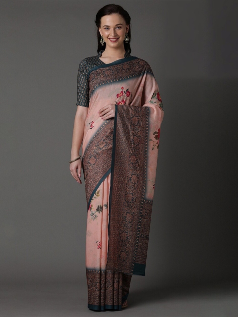 

KALINI Peach-Coloured & Green Floral Silk Blend Saree