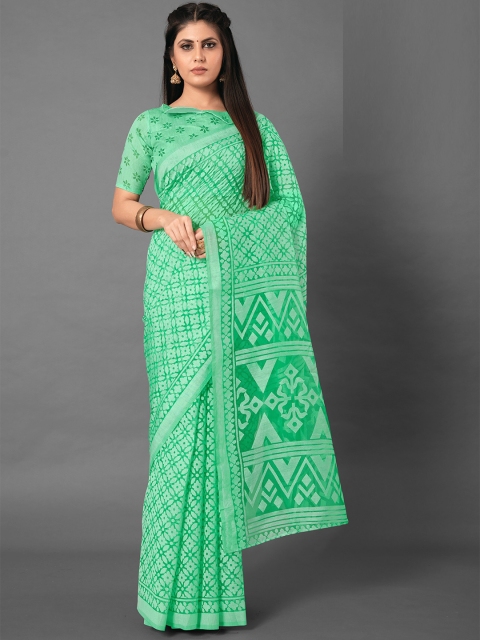 

KALINI Green Ethnic Motifs Brasso Saree