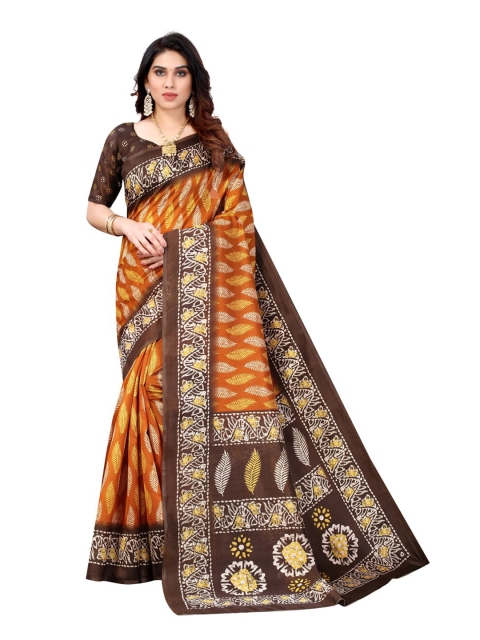 

KALINI Mustard & Coffee Brown Ethnic Motifs Art Silk Saree
