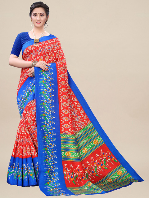 

KALINI Red & Blue Floral Silk Blend Saree