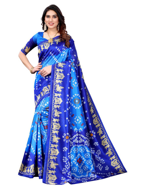 

KALINI Women Blue Bandhani Print Art Silk Saree