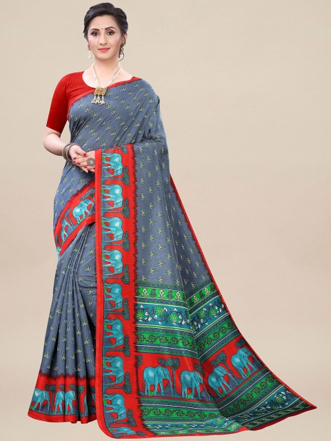 

KALINI Grey & Red Ethnic Motifs Silk Blend Saree