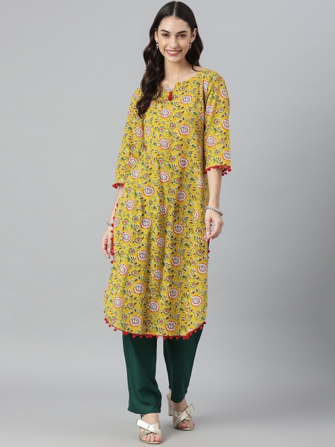 

Stylum Women Mustard Yellow Geometric Printed Keyhole Neck Floral Anarkali Kurta