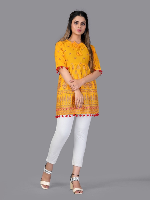 

Fashion FRICKS Women Yellow & Pink Printed Tie Up Neck Tunic
