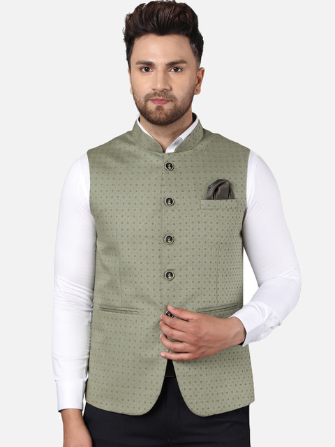 

Callino London Men Olive Green Bandhgala Pure Cotton Woven Waistcoat