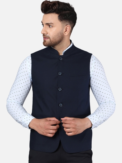 

Callino London Men Navy Blue Solid Bandhgala Pure Cotton Woven Waistcoat