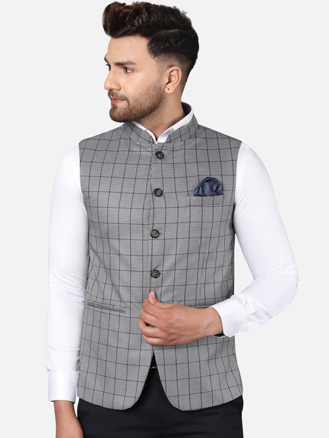 

Callino London Men Navy Blue Checked Pure Cotton Nehru Jacket