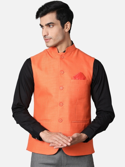 

Callino London Men Orange Textured Regular Fit Pure Cotton Formal Waist Coat