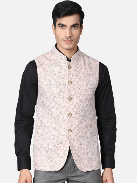 

Callino London Men Peach Colored Printed Bandhgala Pure Cotton Woven Waistcoat