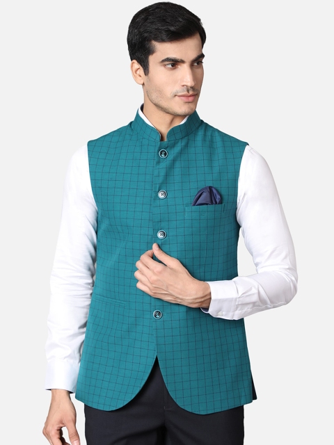 

Callino London Men Green Checked Regular Fit Cotton Formal Waist Coat