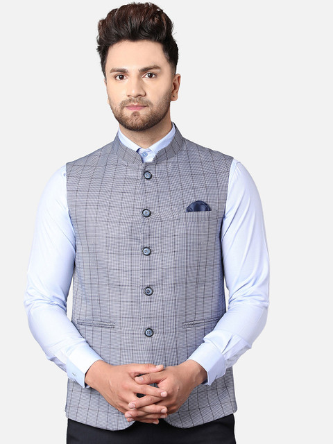 

Callino London Men Blue Checked Regular Fit Pure Cotton Waist Coat