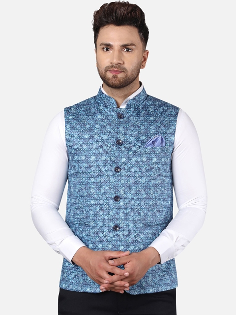 

Callino London Men Blue Printed Bandhgala Pure Cotton Woven Waistcoat