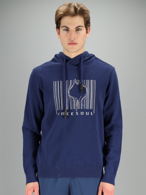 

FREESOUL Men Blue Printed Hooded Sweatshirt