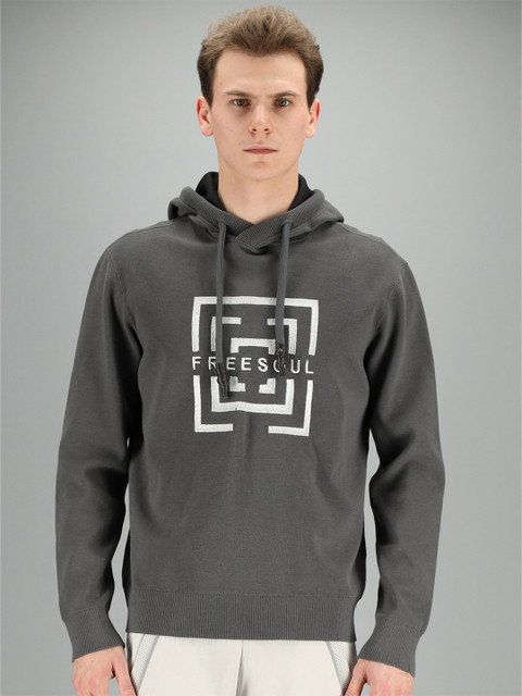 

FREESOUL Men Grey Printed Hooded Sweatshirt