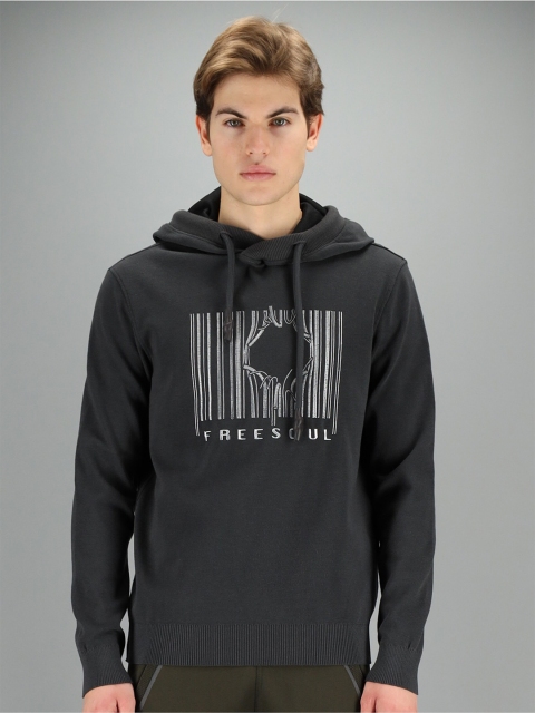 

FREESOUL Men Charcoal Printed Hooded Sweatshirt