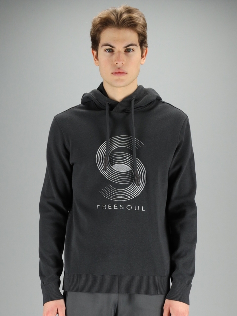 

FREESOUL Men Grey Printed Hooded Sweatshirt