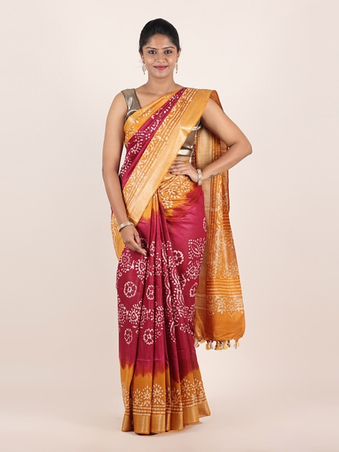 

Pothys Pink & Mustard Floral Pure Linen Saree