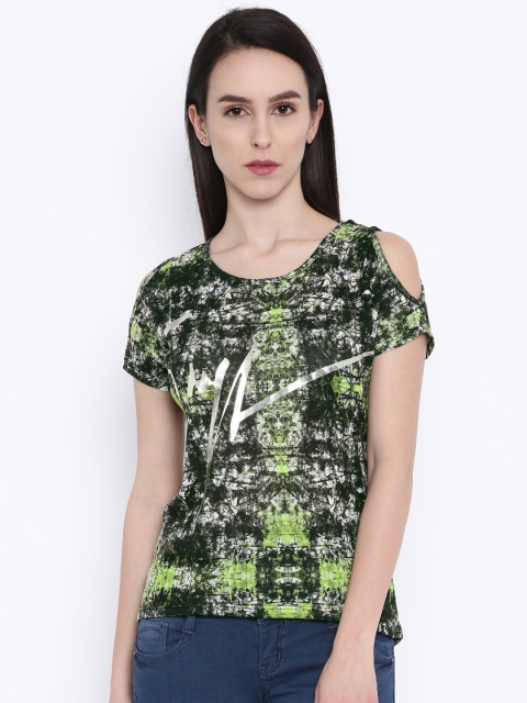

Deal Jeans Women Black & Green Printed High-Low Cold-Shoulder Top