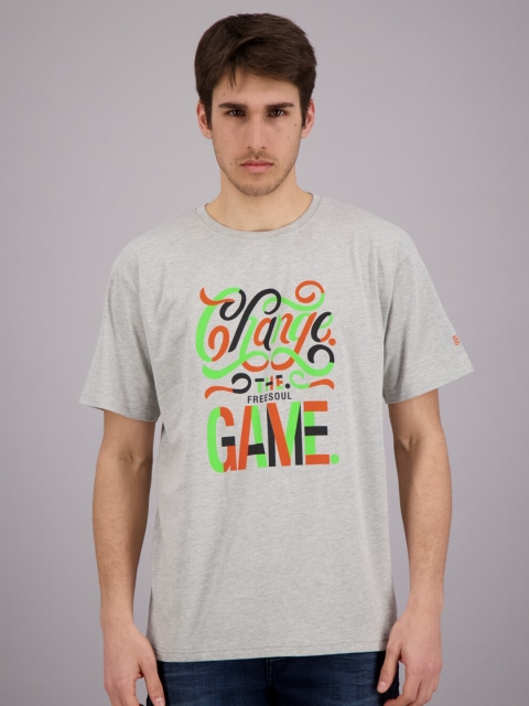 

FREESOUL Men Grey Melange Typography Printed T-shirt