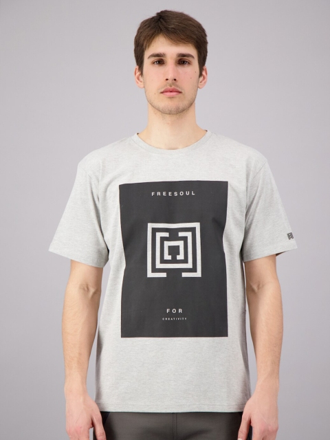 

FREESOUL Men Grey Melange Printed Cotton T-shirt