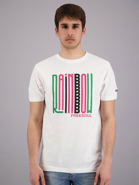 

FREESOUL Men White & Pink Brand Logo Printed Pure Cotton T-shirt