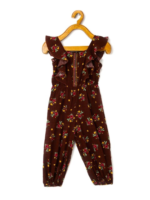 

TIC TAC TOE Girls Coffee Brown & Red Printed Basic Jumpsuit with Ruffles
