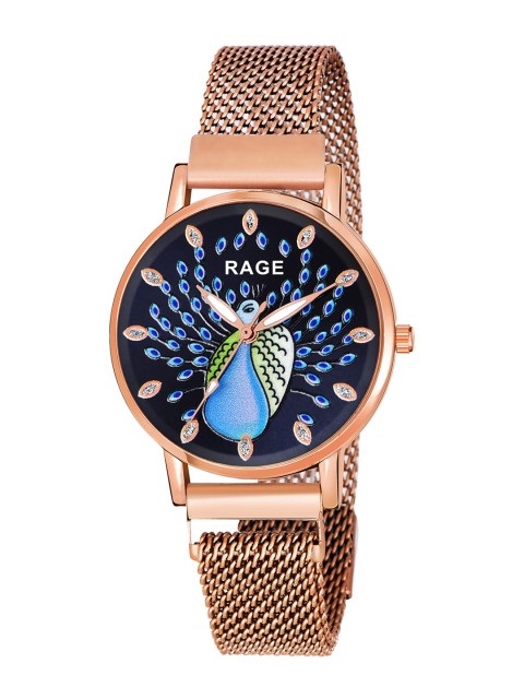 

Rage Enterprise Women Black Brass Dial & Rose Gold Toned Stainless Steel Bracelet Style Straps Analogue Watch R-867-Black-Rose Gold