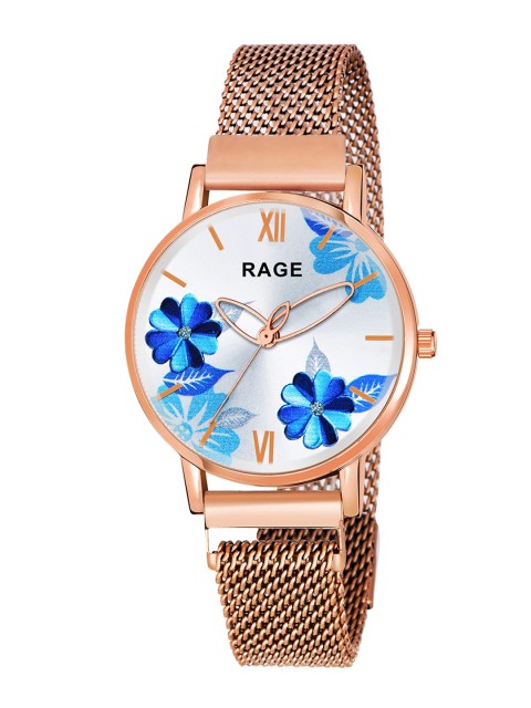 

Rage Enterprise Women Blue Brass Printed Dial & Rose Gold Toned Stainless Steel Bracelet Style Straps Watch R-868-Blue-Rose Gold